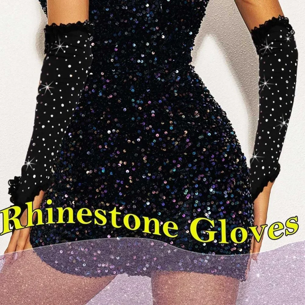 Women's Dazzling Rhinestone Fabric Fingerless Black Formal Long Gloves Style